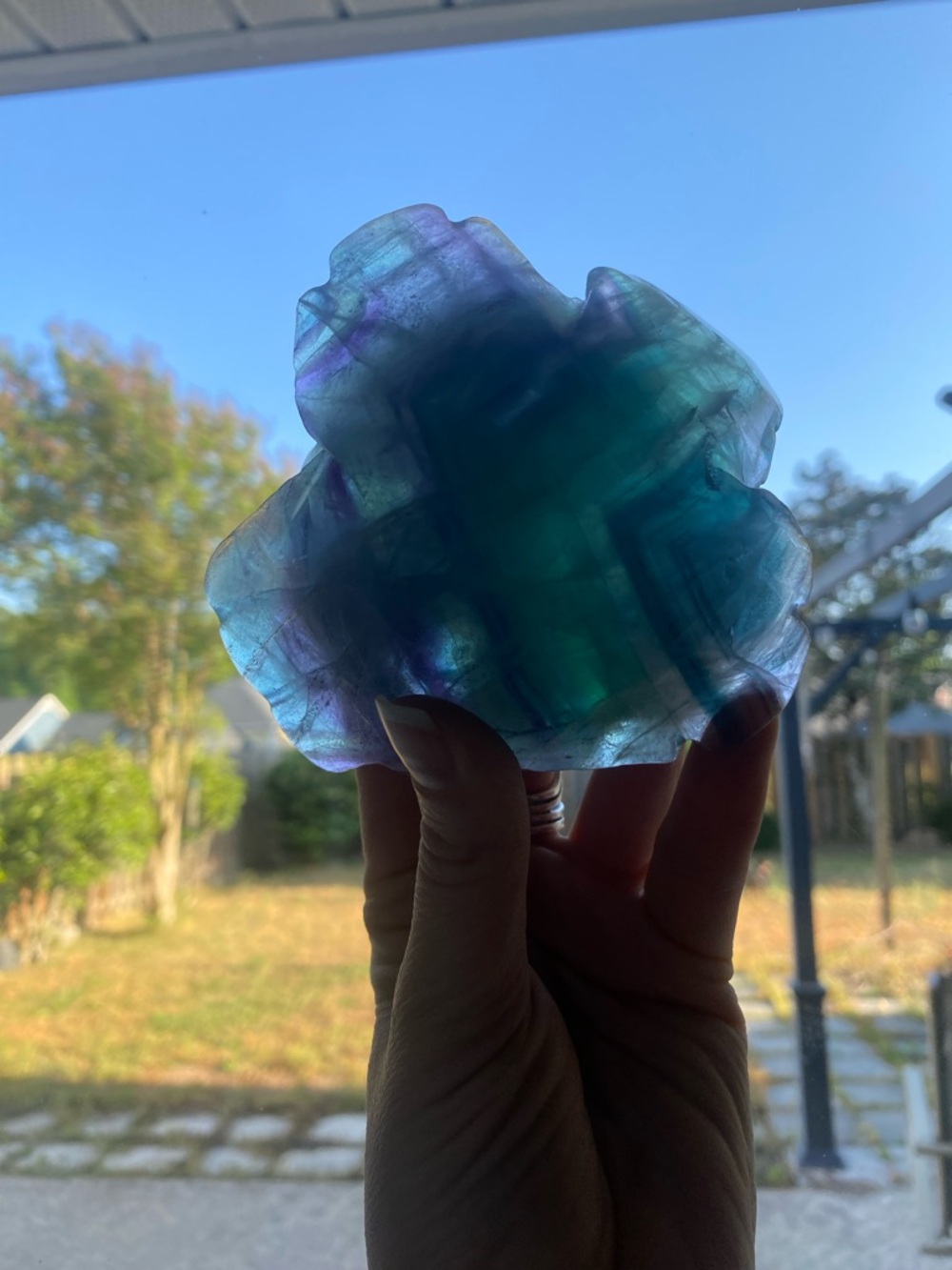 Artisan Carved Flower Sculpture in Green and Purple Fluorite - Picture 9 of 9